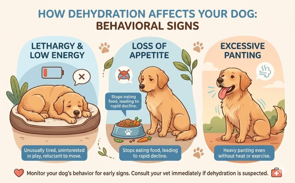 Infographic illustrating three early behavioral signs of dehydration in dogs: lethargy (a tired dog lying down with a low battery icon), loss of appetite (a sad dog turning away from food), and excessive panting.