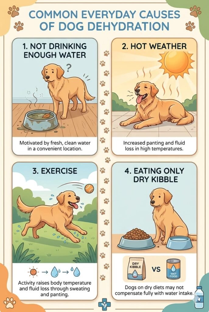 Infographic illustrating 4 common causes of dog dehydration: 1. Not drinking enough water (dog looking at a dirty water bowl), 2. Hot weather (dog lying under a bright sun), 3. Exercise (dog playing fetch and sweating), and 4. Eating only dry kibble (dog sitting next to dry food versus wet food).
