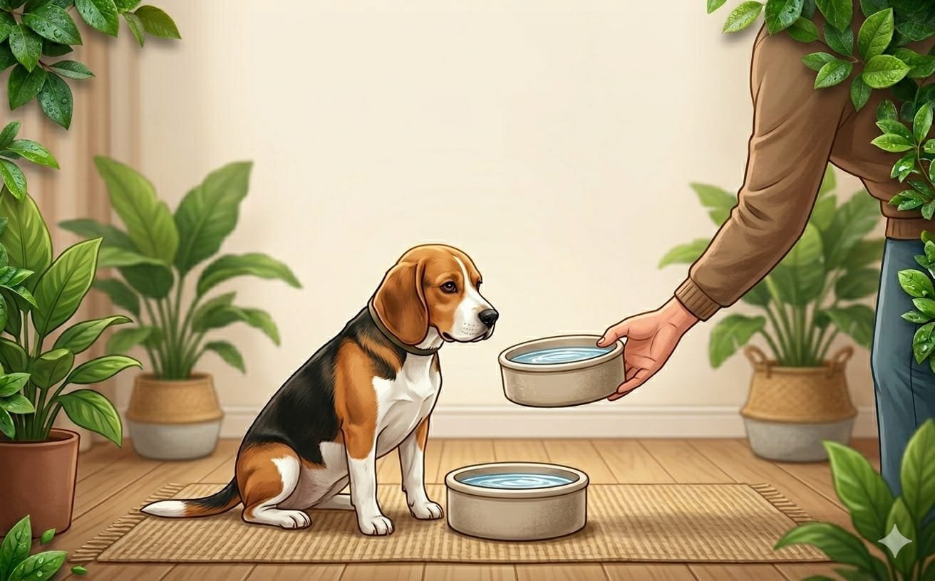 A clean, natural illustration showing a person gently offering a bowl of fresh, cool water to a beagle dog sitting on a mat indoors surrounded by house plants, representing the first step of safe canine rehydration.