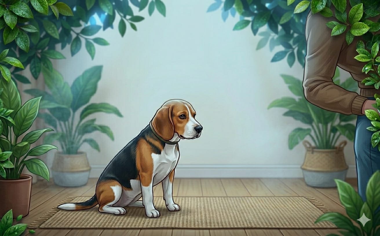 A calm beagle sitting in a cool, dimly lit, and shaded indoor room with dense green leaves framing the scene, representing moving a dog to a comfortable environment to recover from heat.