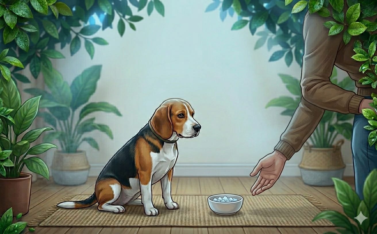 A person offering a small bowl filled with finely crushed, safe, pea-sized ice chips to a beagle sitting calmly on a rug in a cool, shaded indoor environment.