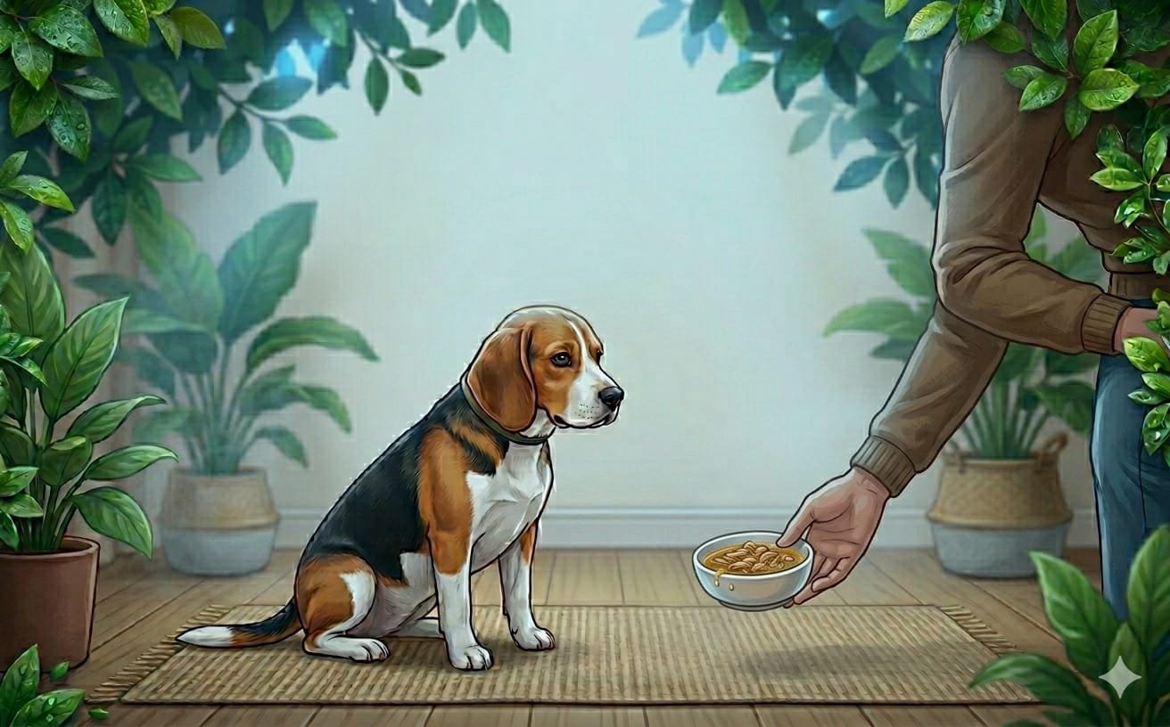 A person offering a bowl of hydrating wet food mixed with broth to a beagle sitting on a mat, completing the final step of the dog home rehydration guide
