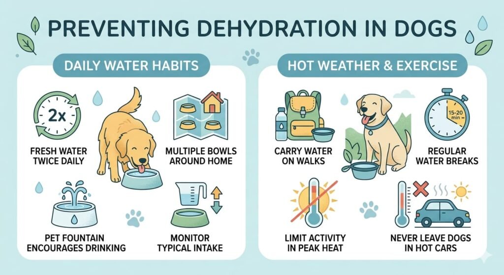 An infographic titled "Preventing Dehydration in Dogs" divided into two sections. "Daily Water Habits" shows icons for fresh water, multiple bowls, pet fountains, and monitoring intake. "Hot Weather & Exercise" features icons for carrying water, taking regular breaks, limiting peak heat activity, and a warning to never leave dogs in hot cars.