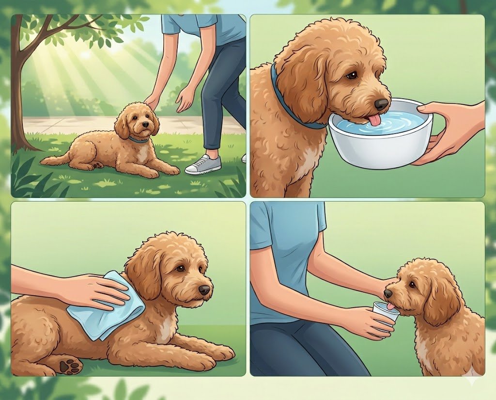 A step-by-step four-panel graphic illustrating how to safely cool down a dog, including moving to shade, offering fresh water, using a damp towel, and giving small sips frequently
