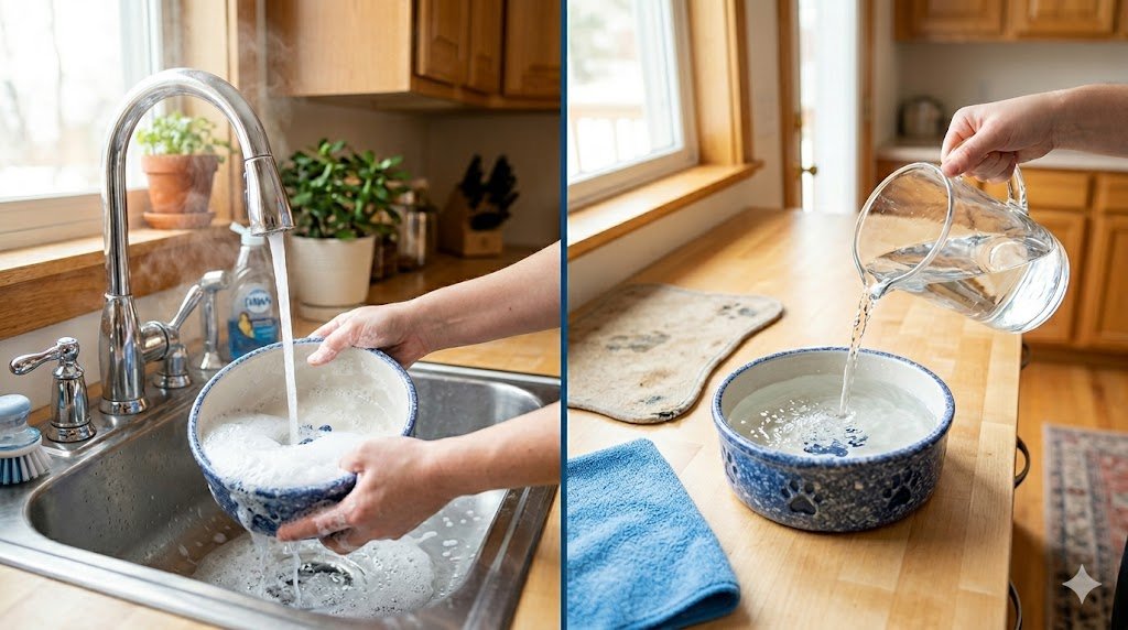 Step-by-step guide on how to clean a pet water bowl: washing the bowl with hot soapy water to remove biofilm, and refilling it with cool, fresh water