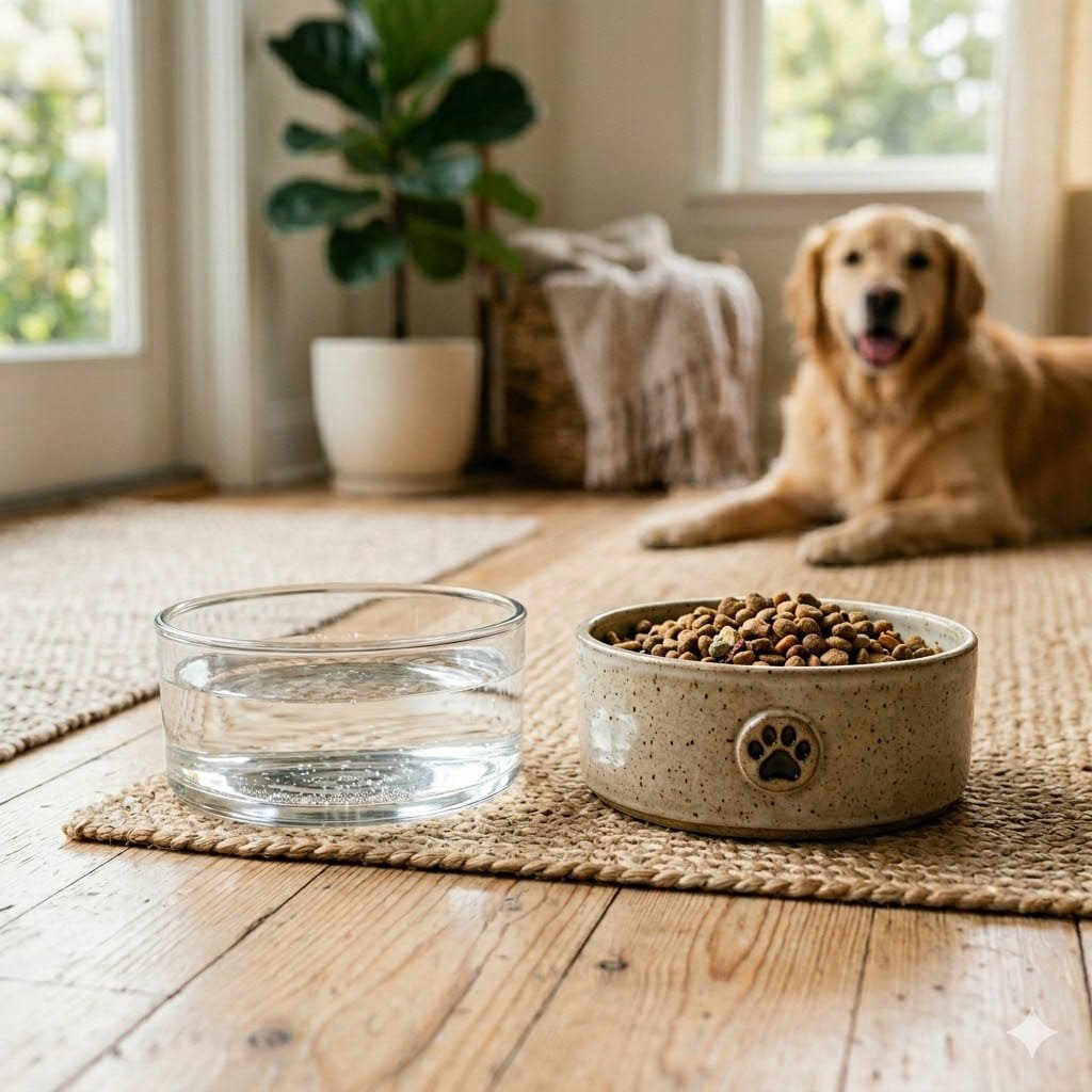 A side-by-side comparison of a clear glass water bowl and a speckled ceramic food bowl with a paw print design, showcasing healthy alternatives to plastic or metal pet bowls.
