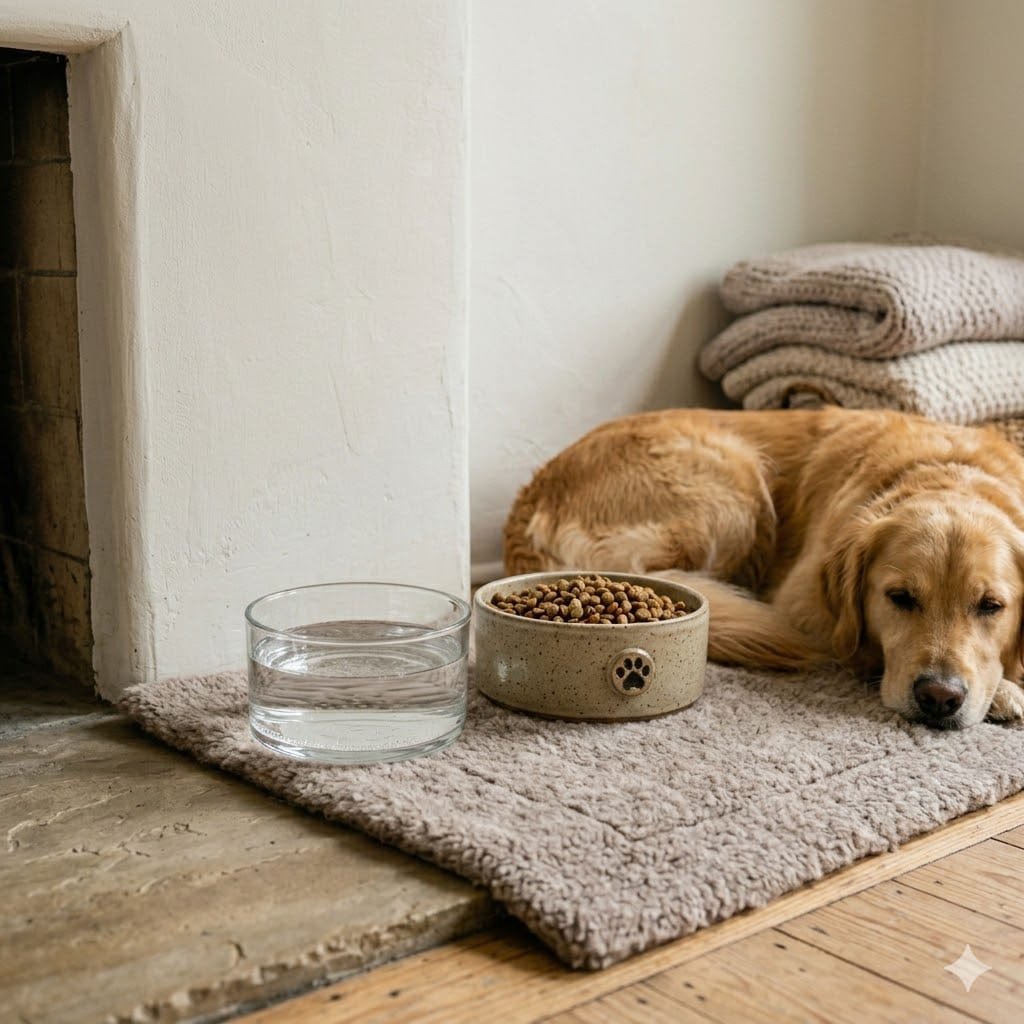 A clear glass water bowl and a ceramic food bowl placed on a soft mat in a quiet, low-traffic corner of a room, next to a relaxed golden retriever.