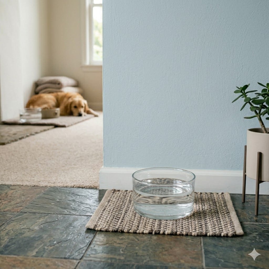 A clear glass water bowl filled with clean water sits on a small woven mat on a slate tile floor. In the blurred background, a golden retriever rests comfortably on a carpeted area near another bowl, next to a light blue wall and a potted jade plant.