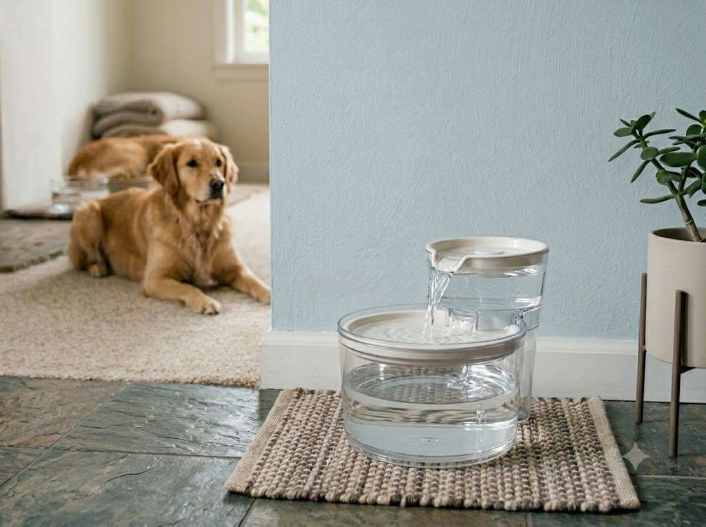 A modern, clear multi-tier pet water fountain with gently flowing water sits on a small woven mat. In the background, a golden retriever sits on a carpeted floor looking toward the fountain next to a light blue wall and a potted jade plant.