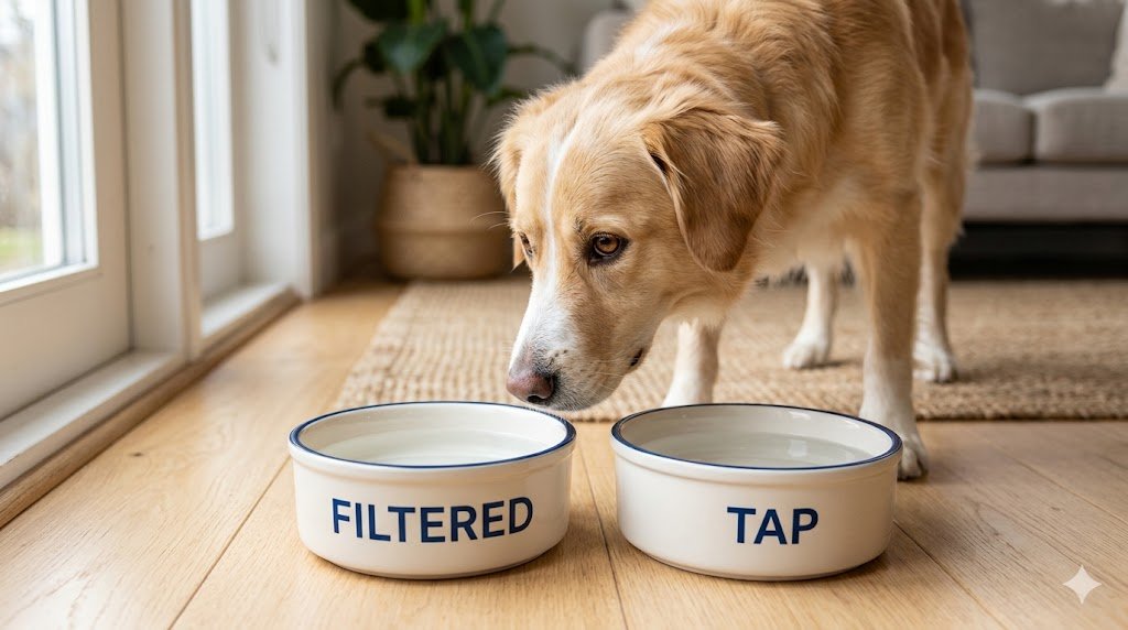 A golden-colored dog sniffing two water bowls labeled "Filtered" and "Tap" on a wooden floor to test water preference.