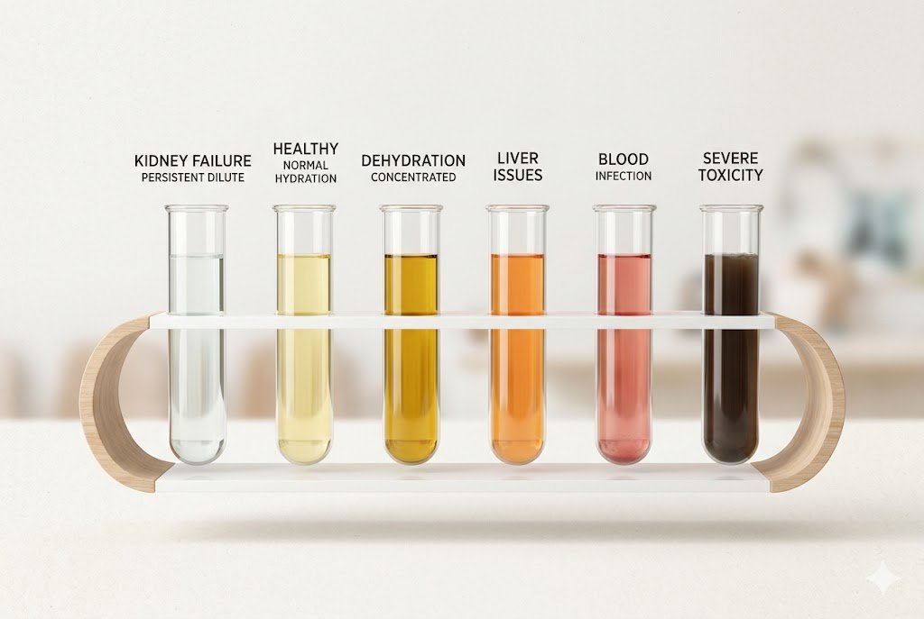 A dog urine color chart showing six test tubes ranging from clear fluid for kidney failure and light yellow for normal hydration to dark orange, red, and black for medical issues.