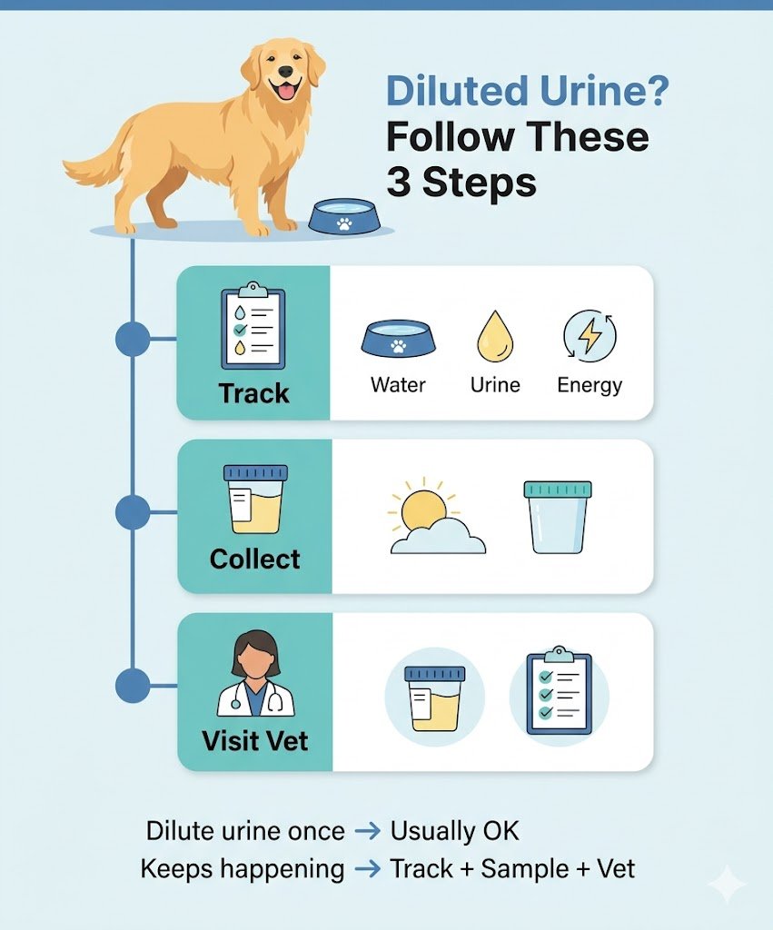 Veterinary infographic titled 'Diluted Urine in Dogs? Follow These 3 Steps' featuring a Golden Retriever. It illustrates a three-step process to track symptoms, collect a morning urine sample, and visit the vet, followed by a decision flow indicating when to seek professional care.
