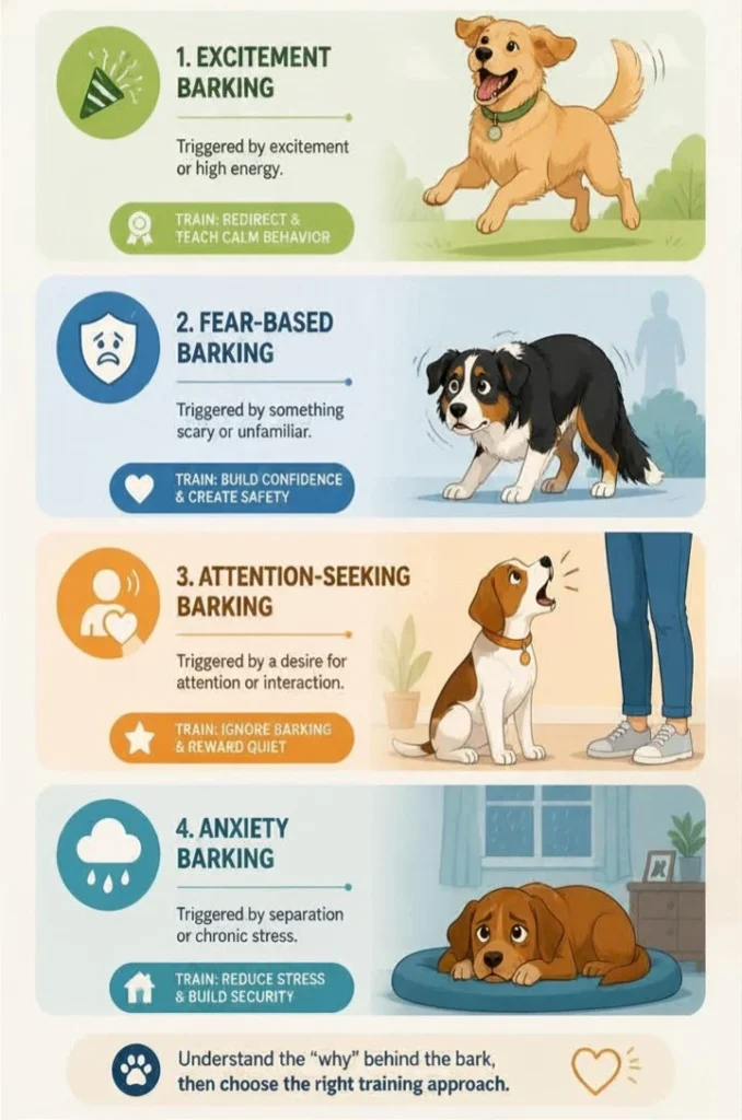 Infographic showing four evidence-based dog training approaches for reducing excessive barking: excitement barking with calm greeting techniques, fear-based barking with desensitization methods, attention-seeking barking with ignore and reward strategy, and anxiety barking with routine establishment